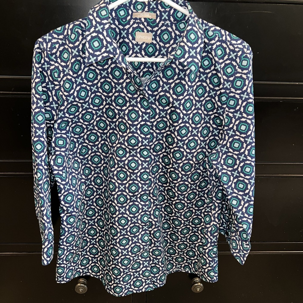 Chico's Women's Non-Iron Stain Shield Blue Green Blouse 3/4 Sleeve Small